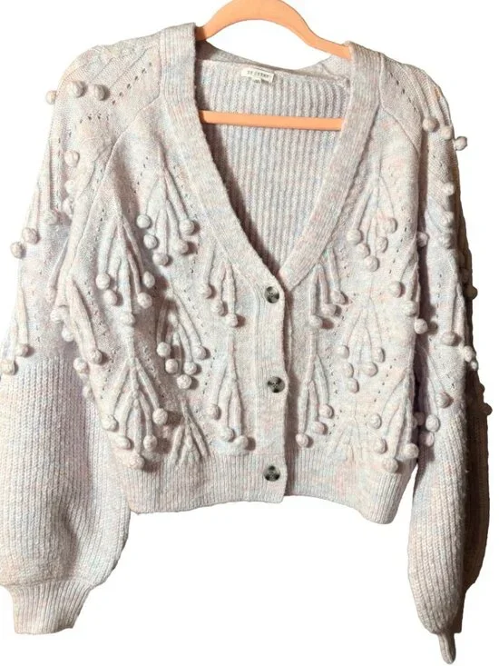 En Creme Cardigan Balloon Sleeve Bobble Knit Cropped Cottagecore M - Picture 2 of 10